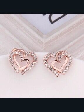 Rose Gold Crystal Heart Stud Earrings - Women Jewelry